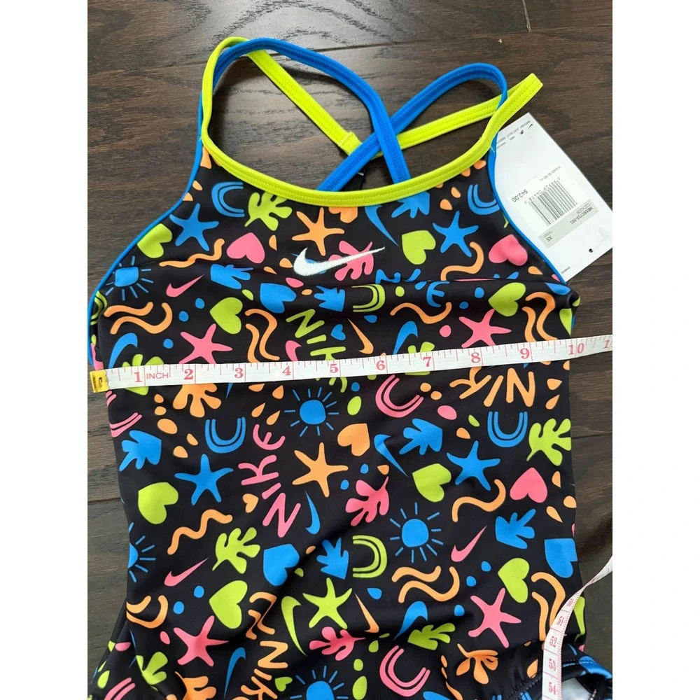 Nike Girls One Piece Swimsuit Neon Doodle Print Crossback Black NESSC715-001 XS